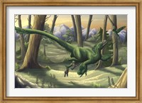 Framed bright green Velociraptor runs through a prehistoric forest