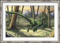 Framed bright green Velociraptor runs through a prehistoric forest