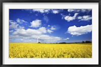 Framed Wind turbine in a canola field against cloudy sky, Denmark