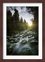 Framed Small river flowing over large stones at sunset, Pirin National Park, Bulgaria