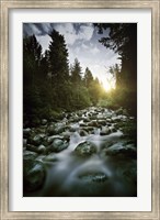 Framed Small river flowing over large stones at sunset, Pirin National Park, Bulgaria