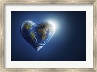 Framed Heart-shaped planet Earth on a dark blue background