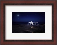 Framed small church at night with starry sky, Crete, Greece
