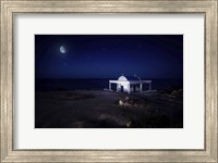 Framed small church at night with starry sky, Crete, Greece