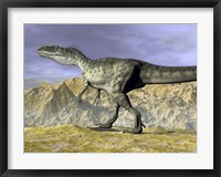 Framed Monolophosaurus dinosaur walking on rocky terrain near mountain