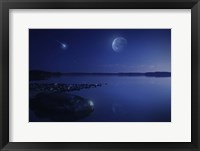 Framed Starry sky, moon and falling meteorite over a lake, Finland