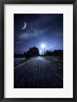 Framed road in a park at night against moon and moody sky, Moscow, Russia