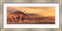 Framed Kentrosaurus mother and baby walking in the desert by sunset