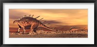 Framed Kentrosaurus mother and baby walking in the desert by sunset