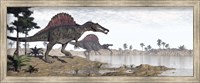 Framed Two Spinosaurus dinosaurs walking to the water in a desert landscape