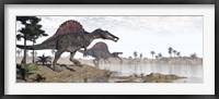 Framed Two Spinosaurus dinosaurs walking to the water in a desert landscape