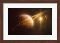 Framed Saturn in outer space against Sun and star field