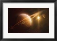 Framed Saturn in outer space against Sun and star field