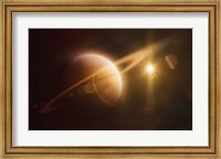Framed Saturn in outer space against Sun and star field