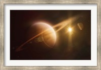 Framed Saturn in outer space against Sun and star field