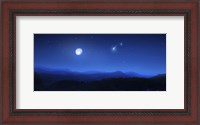 Framed Mountain range on a misty night with moon and starry sky