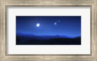 Framed Mountain range on a misty night with moon and starry sky