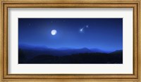 Framed Mountain range on a misty night with moon and starry sky