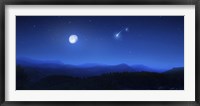 Framed Mountain range on a misty night with moon and starry sky