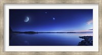 Framed Tranquil lake against starry sky, moon and falling meteorite, Finland