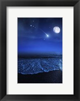 Framed Tranquil ocean at night against starry sky, moon and falling meteorite