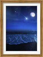 Framed Tranquil ocean at night against starry sky, moon and falling meteorite