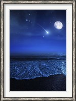 Framed Tranquil ocean at night against starry sky, moon and falling meteorite