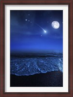 Framed Tranquil ocean at night against starry sky, moon and falling meteorite