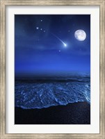 Framed Tranquil ocean at night against starry sky, moon and falling meteorite