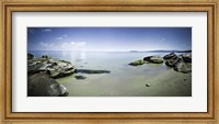 Framed Panoramic view of tranquil sea and boulders against blue sky, Burgas, Bulgaria