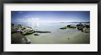 Framed Panoramic view of tranquil sea and boulders against blue sky, Burgas, Bulgaria