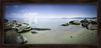 Framed Panoramic view of tranquil sea and boulders against blue sky, Burgas, Bulgaria