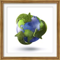 Framed 3D Rendering of planet Earth surrounded by grassy recycle symbol