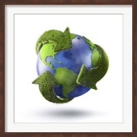 Framed 3D Rendering of planet Earth surrounded by grassy recycle symbol