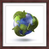 Framed 3D Rendering of planet Earth surrounded by grassy recycle symbol