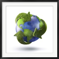 Framed 3D Rendering of planet Earth surrounded by grassy recycle symbol