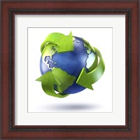 Framed 3D Rendering of planet Earth surrounded by the recycle symbol