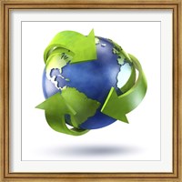 Framed 3D Rendering of planet Earth surrounded by the recycle symbol