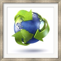 Framed 3D Rendering of planet Earth surrounded by the recycle symbol