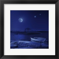 Framed boat moored near an icy stone in a lake against starry sky, Finland