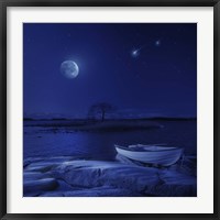 Framed boat moored near an icy stone in a lake against starry sky, Finland