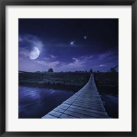Framed bridge across the river at night against starry sky, Russia