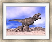 Framed Aggressive Tyrannosaurus Rex dinosaur in the desert