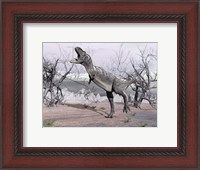 Framed Aucasaurus dinosaur roaring in the desert