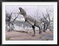 Framed Aucasaurus dinosaur roaring in the desert