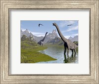 Framed Brachiosaurus dinosaurs walking in a stream on a beautiful day