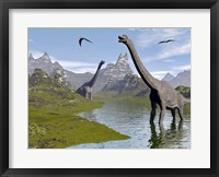 Framed Brachiosaurus dinosaurs walking in a stream on a beautiful day