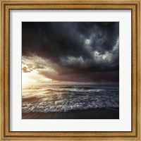 Framed Bright sunset against a wavy sea with stormy clouds, Hersonissos, Crete