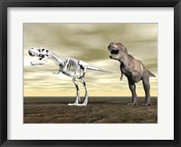 Framed Comparison of Tyrannosaurus Rex standing next to its fossil skeleton