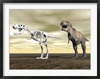 Framed Comparison of Tyrannosaurus Rex standing next to its fossil skeleton